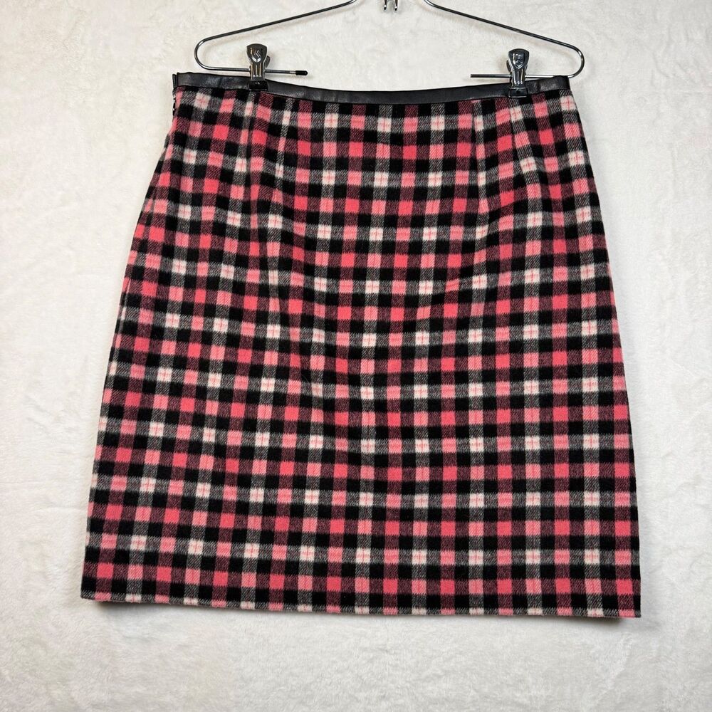 Talbots Pink Black Plaid Straight Skirt Womens Size 10 Wool Blend Faux Leather - Picture 2 of 9
